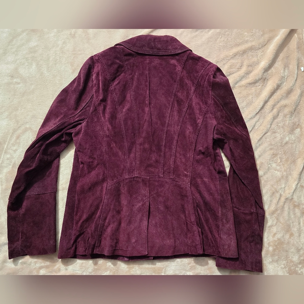 Isaac Mizrahi Live Suede Leather Moto Burgundy Wine Asymmetrical Zip Jacket US10 - Picture 10 of 10